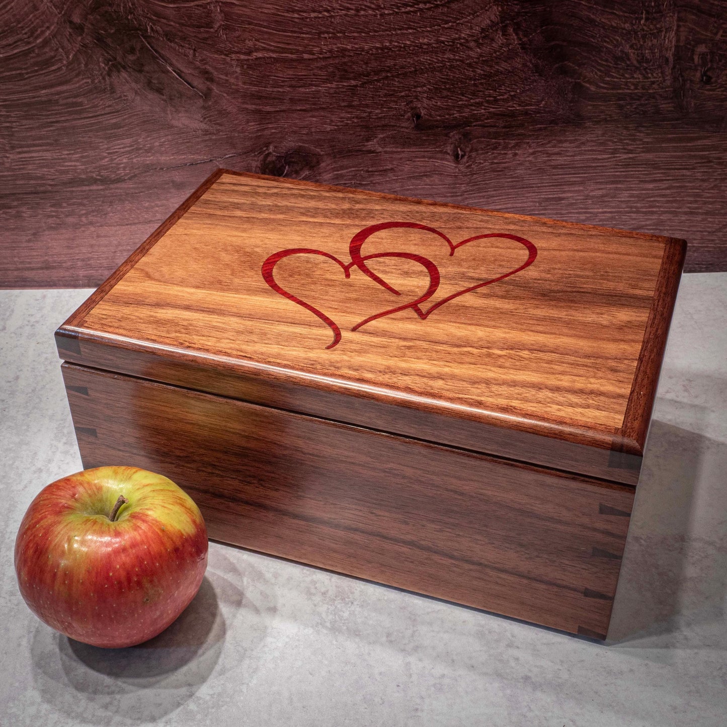 Handmade Walnut Jewelry Box: Hearth Padauk Wood Inlay, Green Fabric