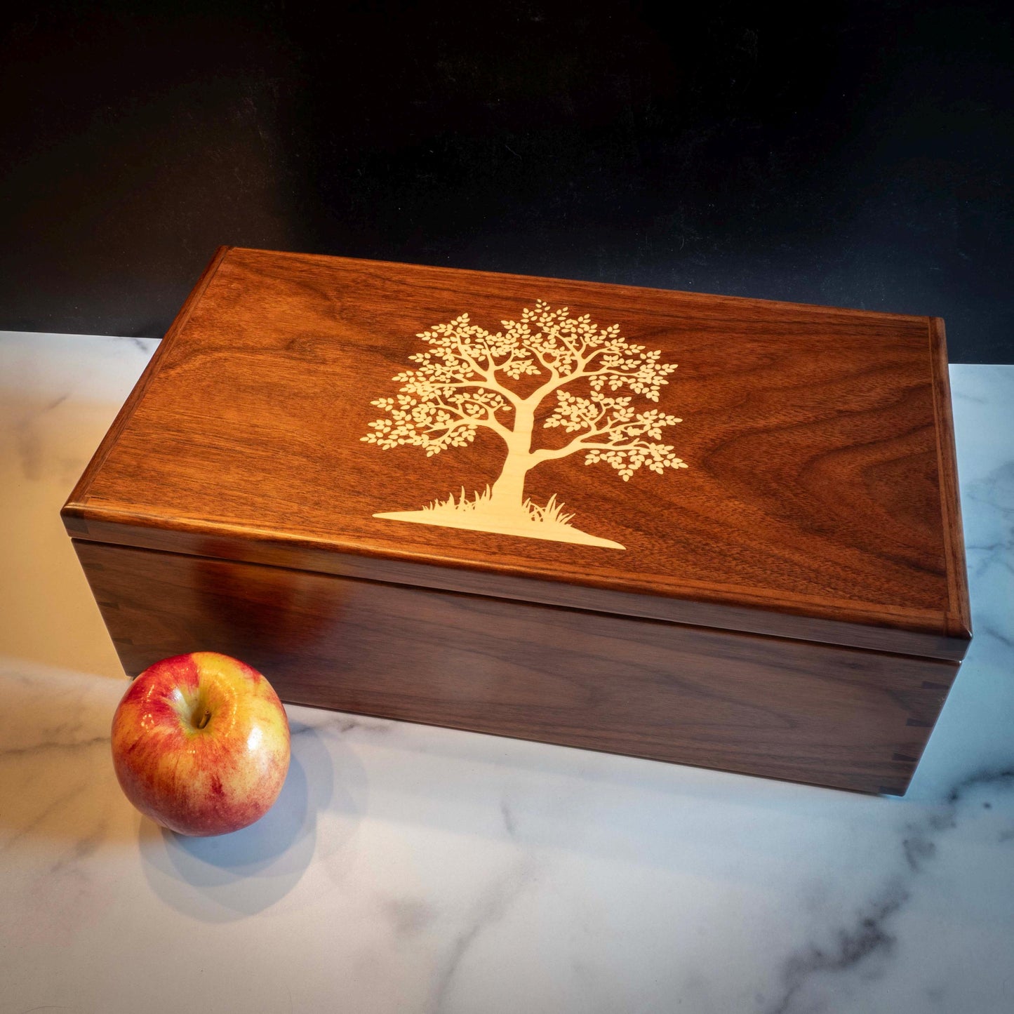 Large Walnut Jewelry Box With Hand-Cut Dovetails (15"x8") with Tree of Life Inlay