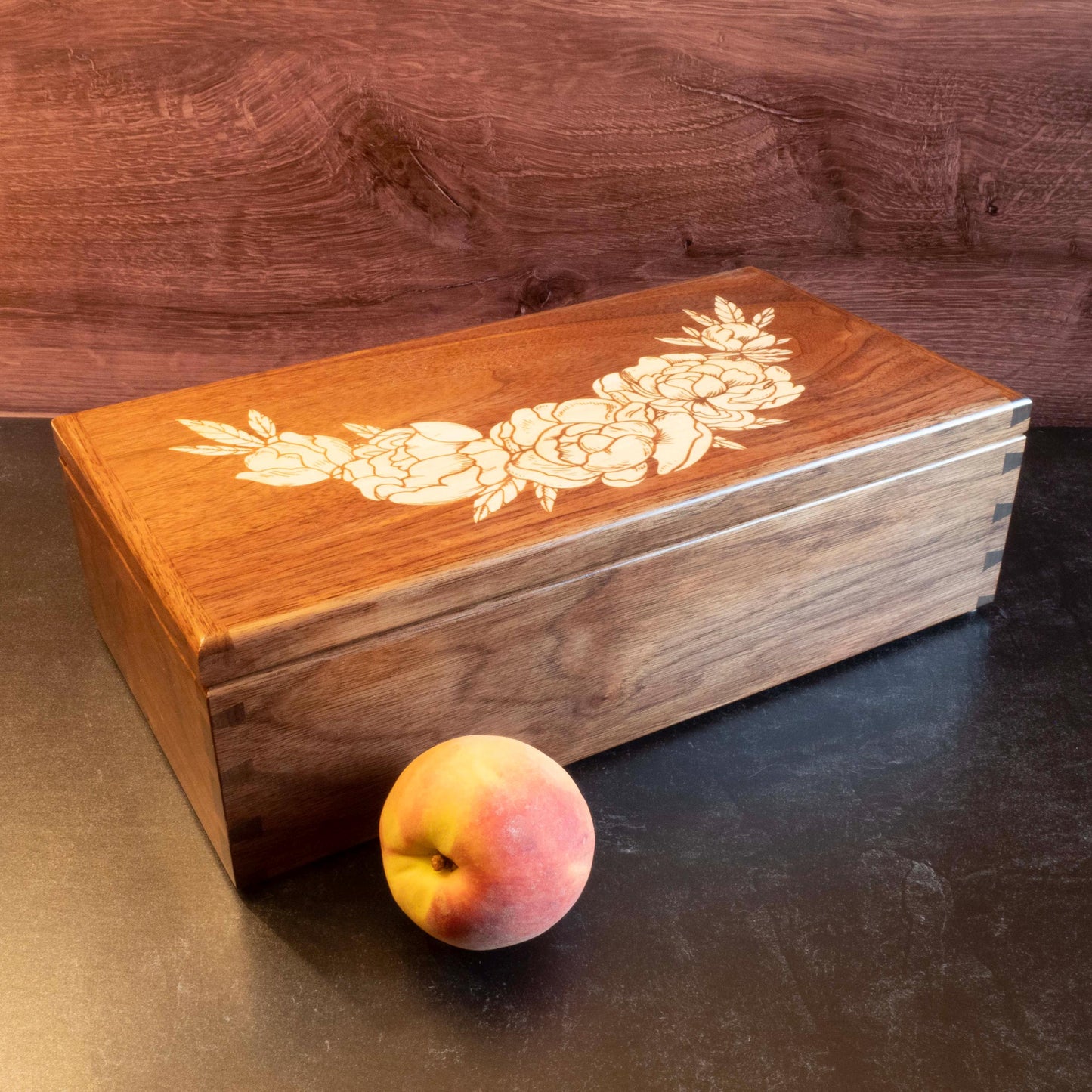 Large Walnut Jewelry Box With Hand-Cut Dovetails (15"x8") with Peonies Inlay