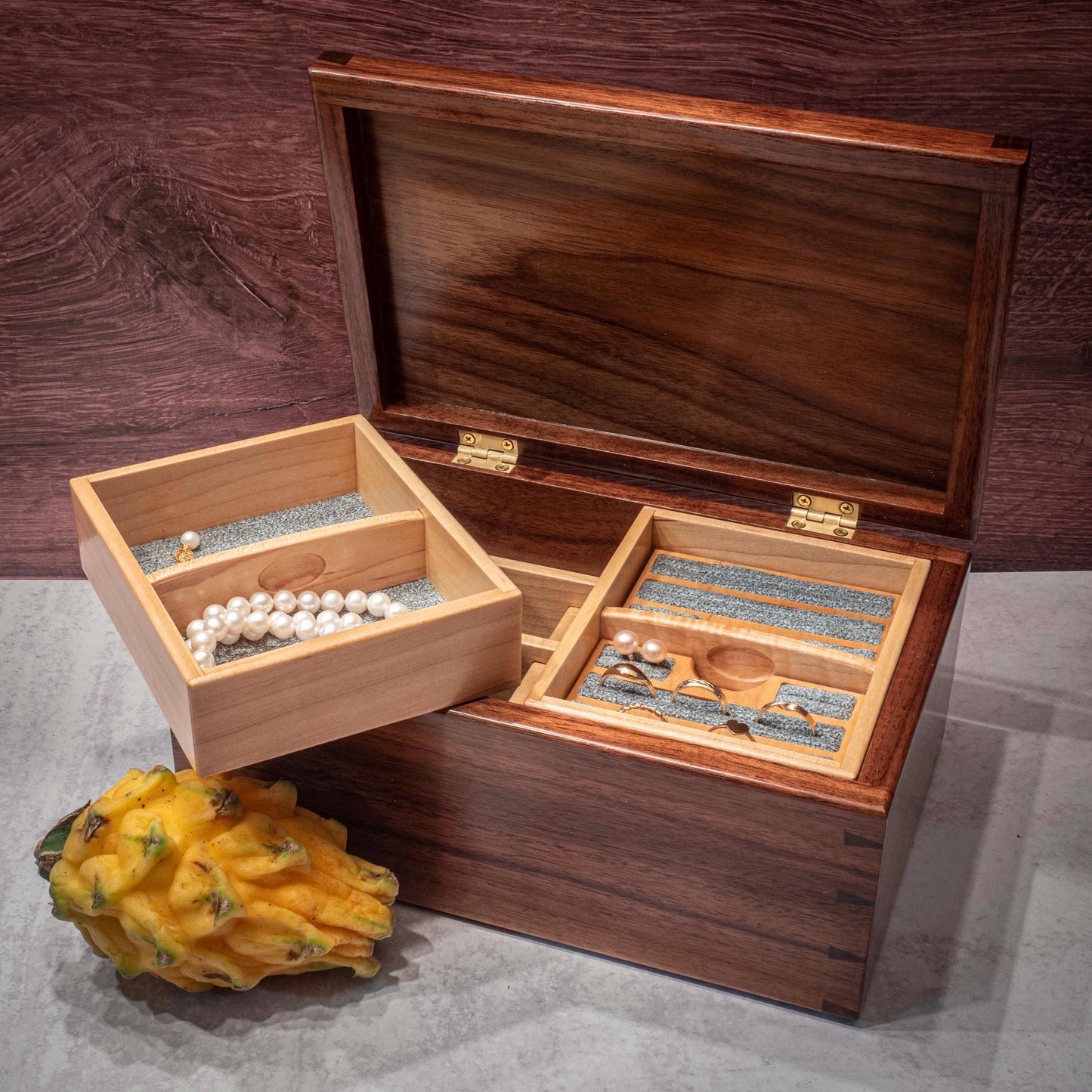 Handmade Walnut Jewelry Box: Hearth Padauk Wood Inlay, Green Fabric