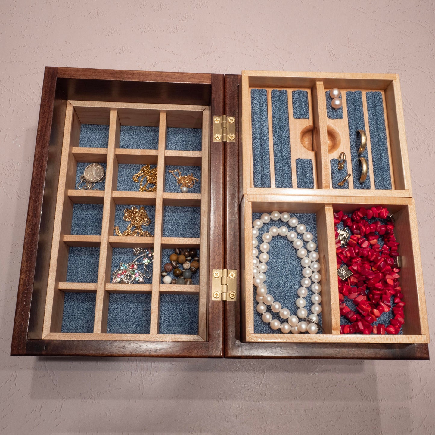 Walnut/Maple Wood Jewelry Box - Blue Fabric (10"x6.5"x4.5") - Including Removable Ring Organizer